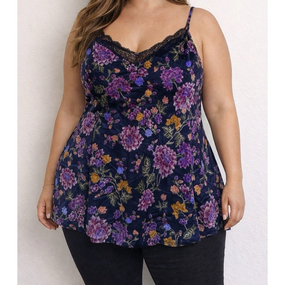 Torrid Multicolored Floral Velour Tank Womens 1X Lace Trim Boho Festival Peasant